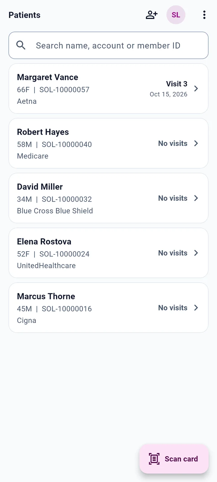 Patients list with account numbers, payers and latest visit