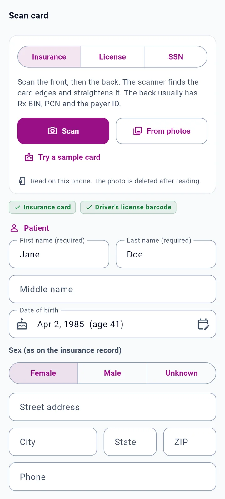 Scan card screen with fields filled from an insurance card and a driver's license