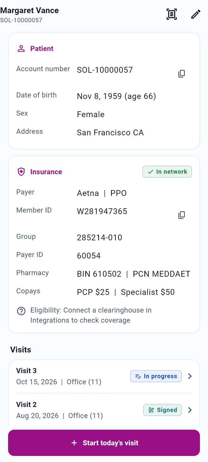 Patient chart with account number, insurance details and visits listed by date