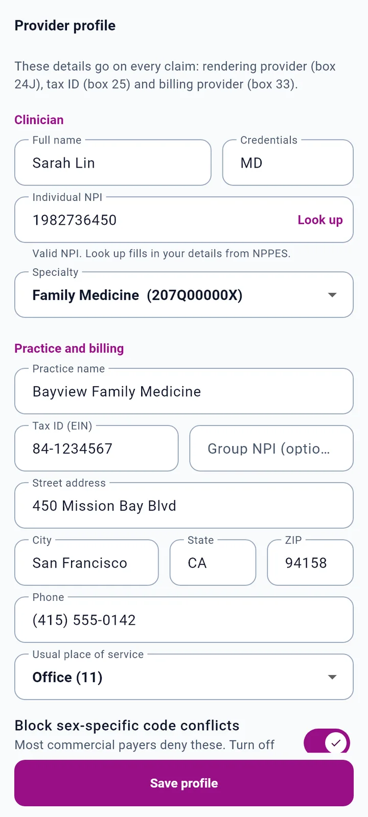 Provider profile with NPI look up, specialty, tax ID, address and usual place of service