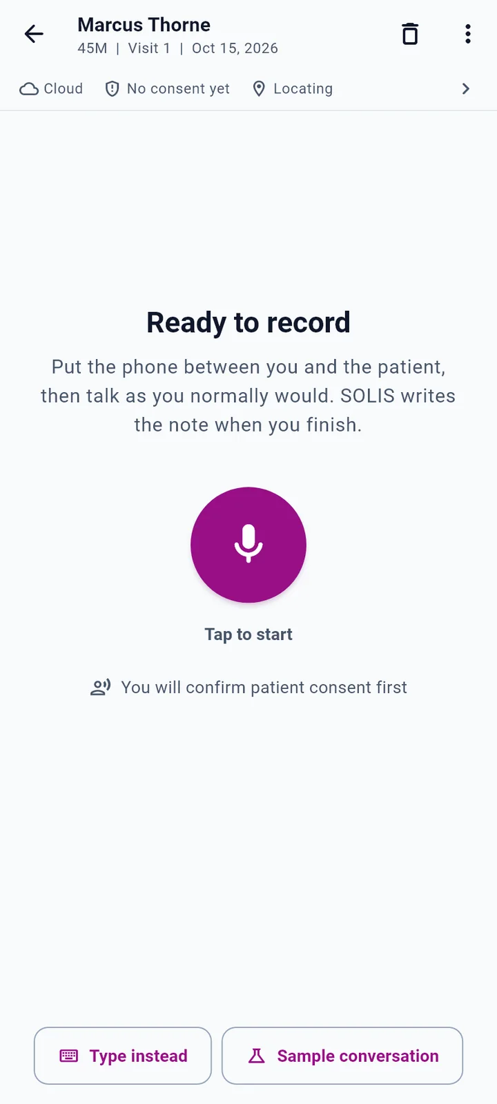 Ready to record screen with the record button, Type instead and Sample conversation