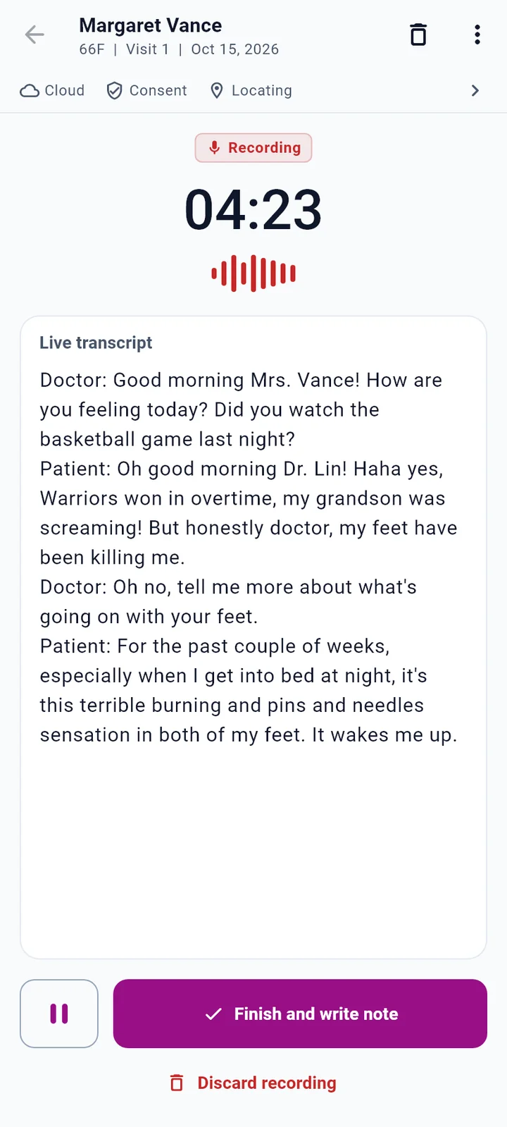 Recording screen with a timer, live transcript, pause and Finish and write note