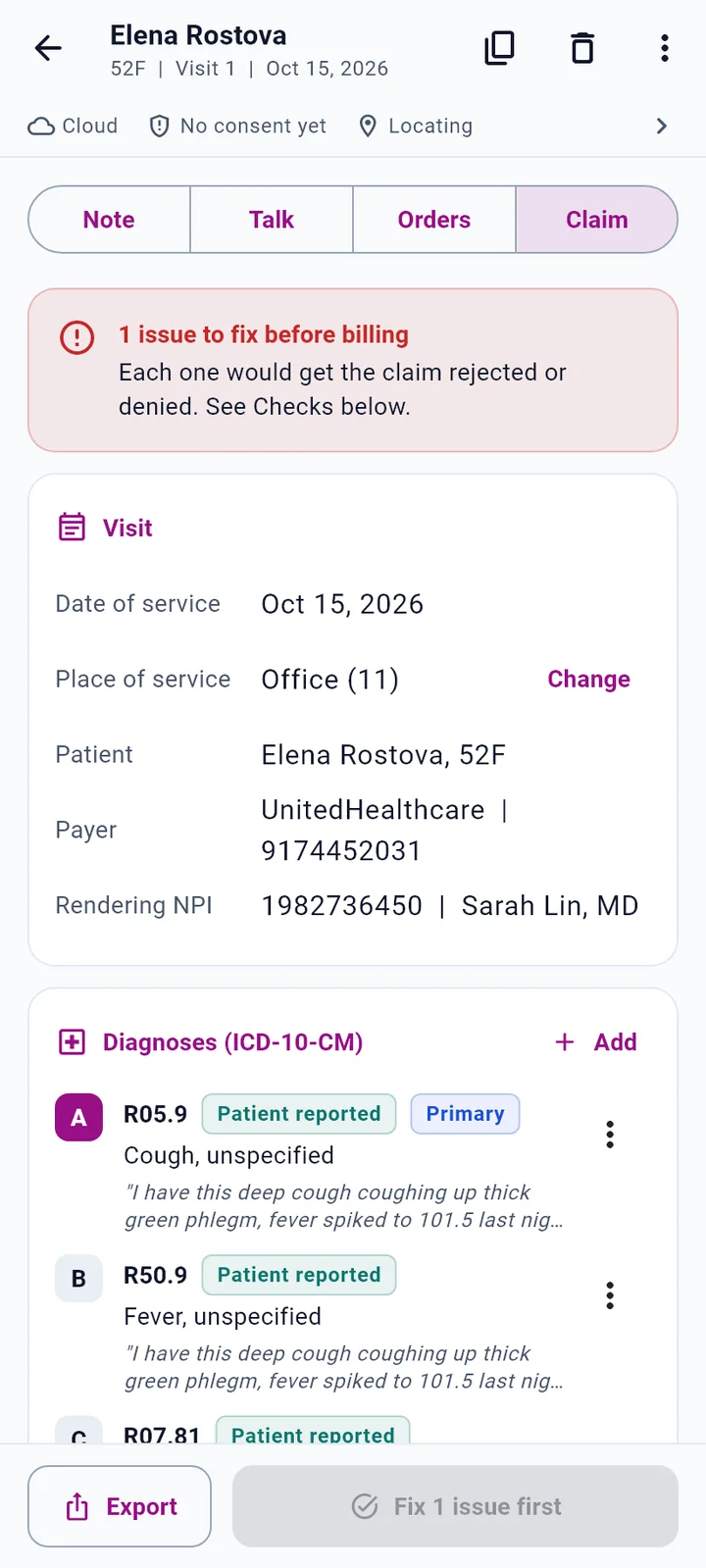 The Claim tab: diagnosis codes taken from what the patient said, each with its quote