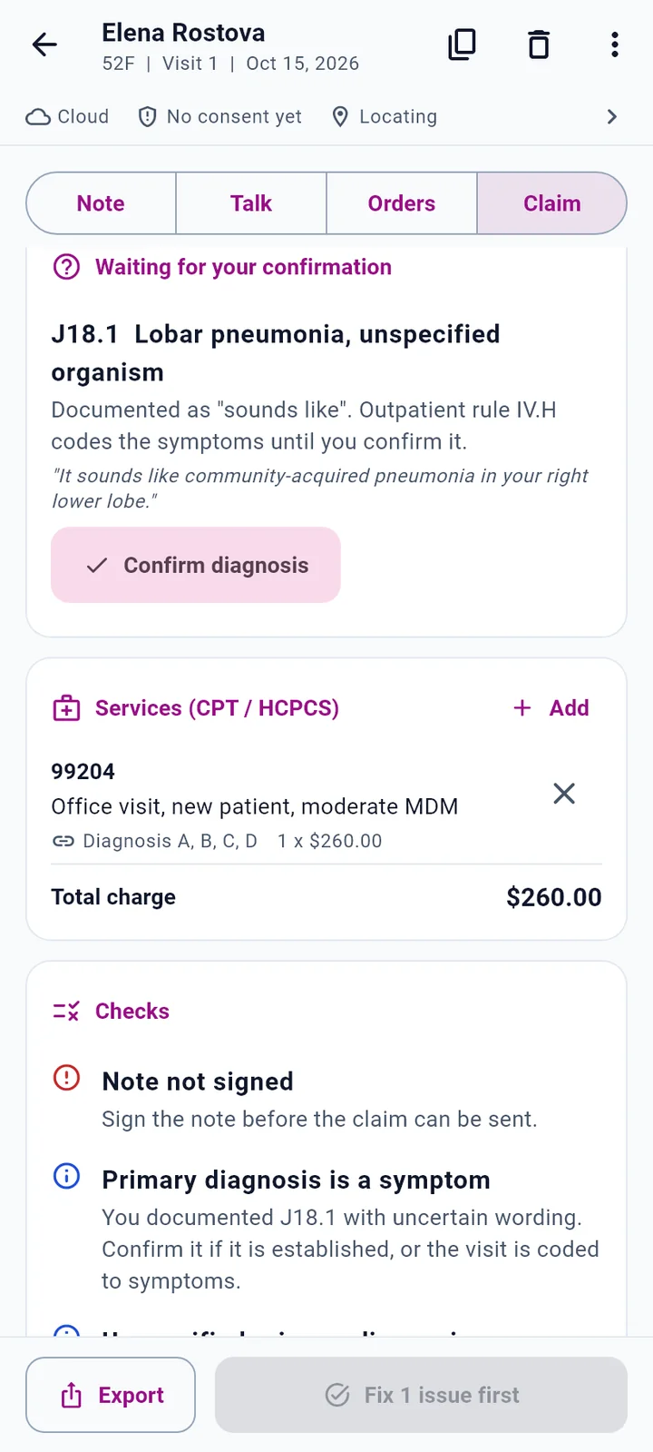 Claim tab with a diagnosis waiting for confirmation, services and checks