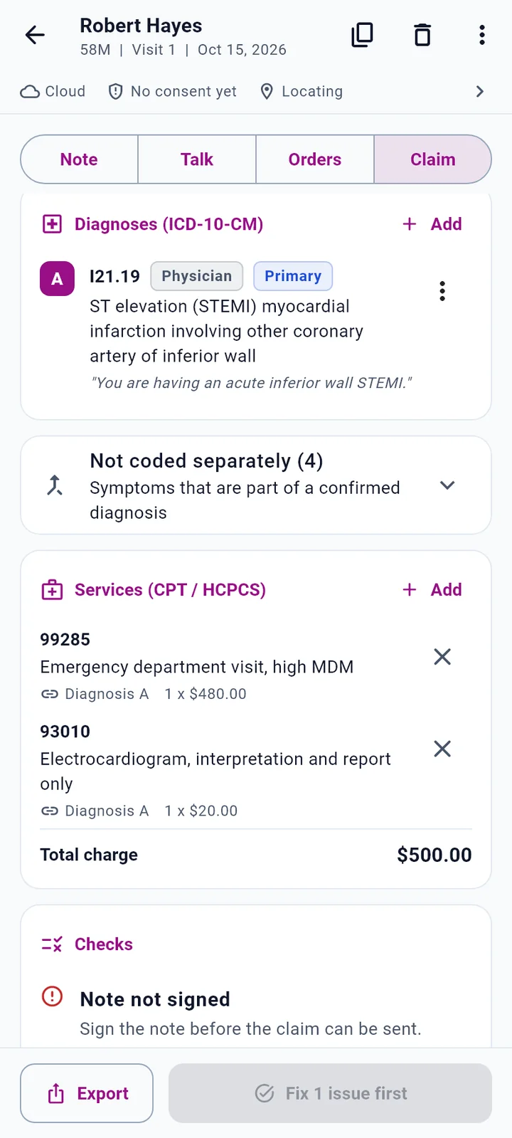 Claim for an emergency visit with a physician-coded diagnosis, symptoms not coded separately, two services and checks
