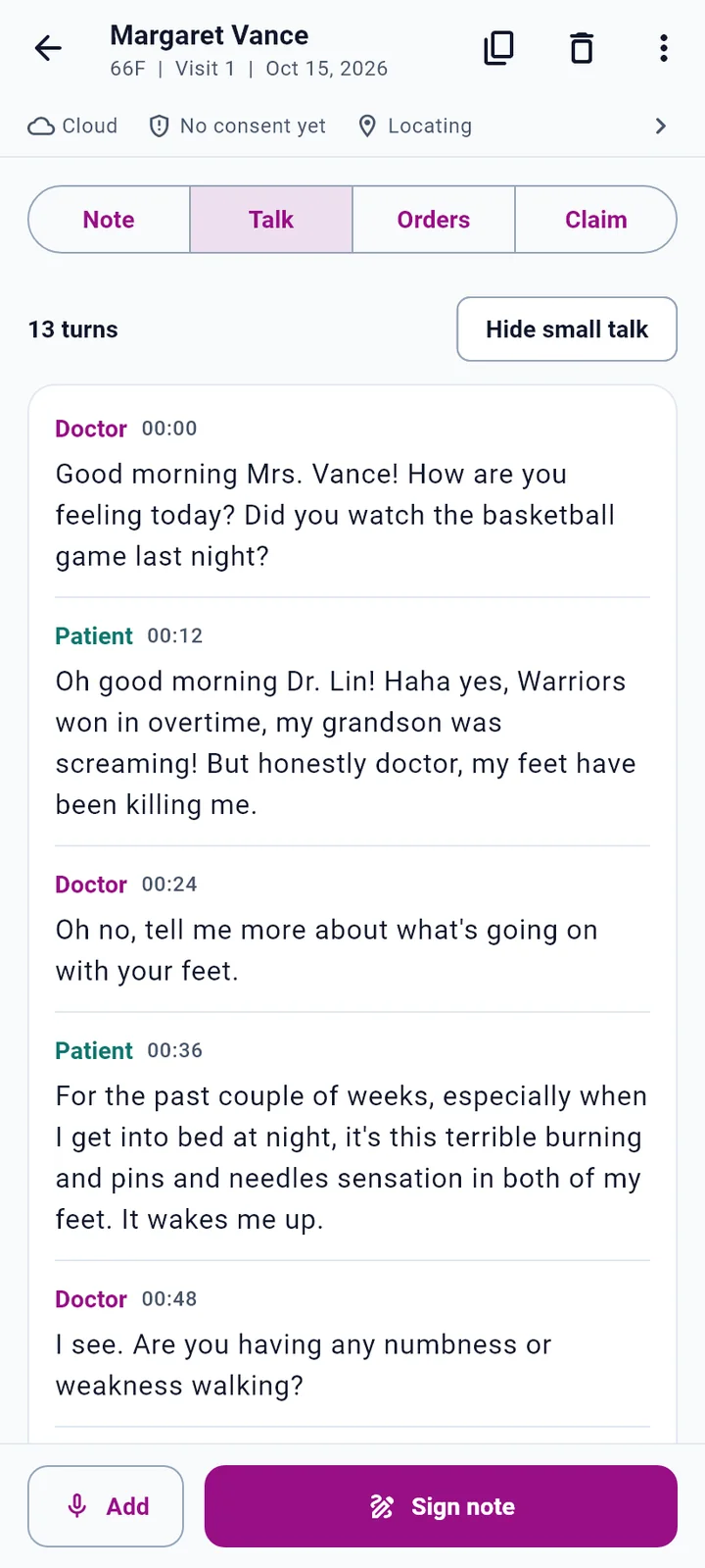 Talk tab with Doctor and Patient turns and timestamps, and Hide small talk
