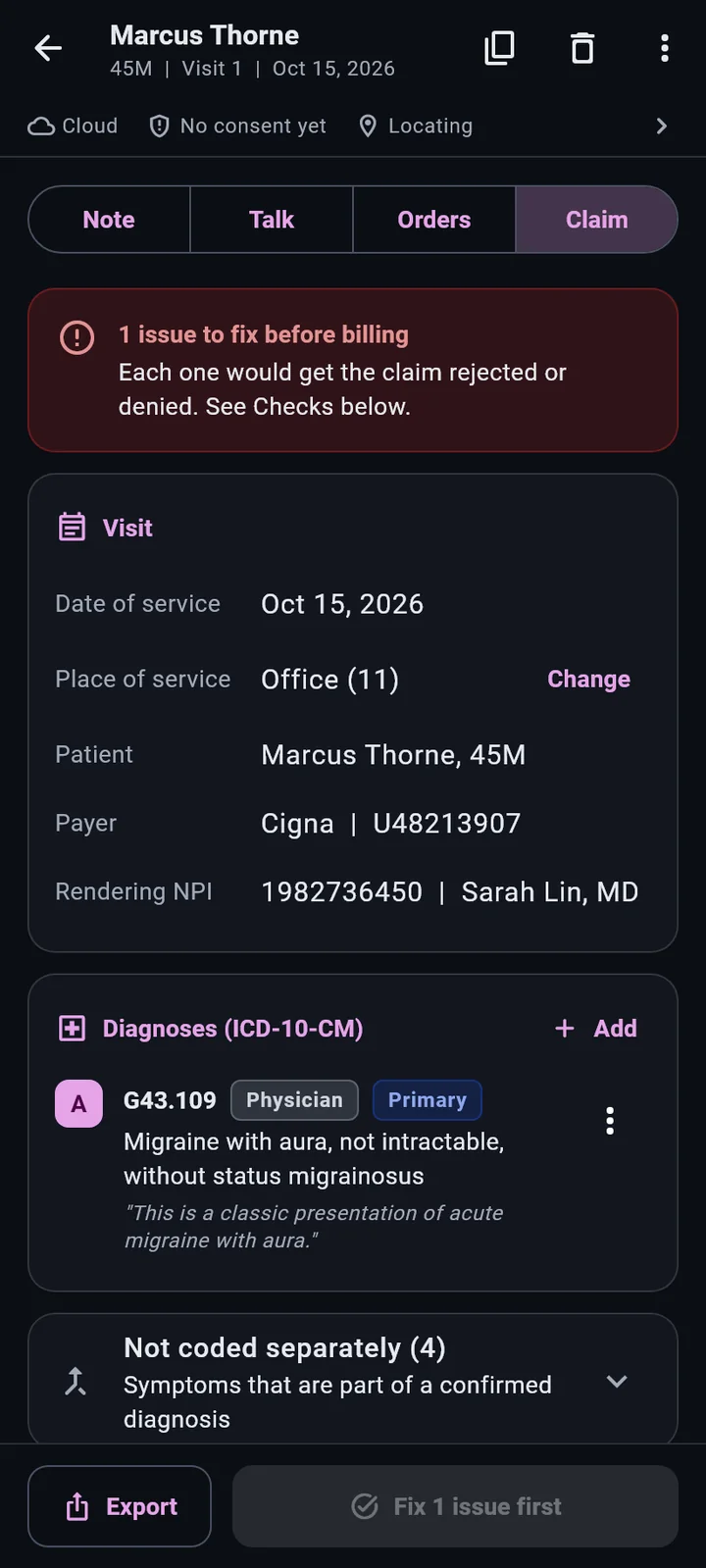 The Claim tab in the dark theme