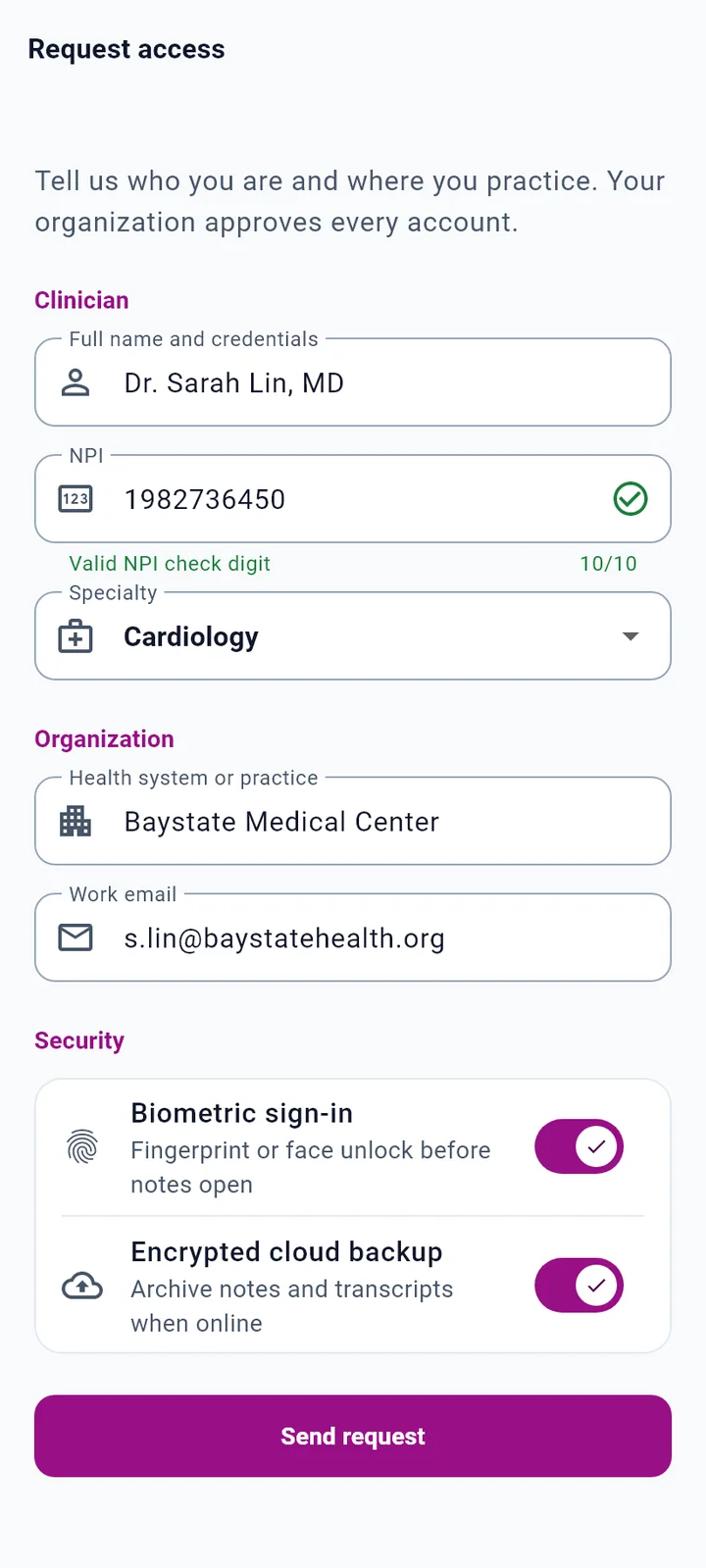 Request access form with clinician, organization and security options