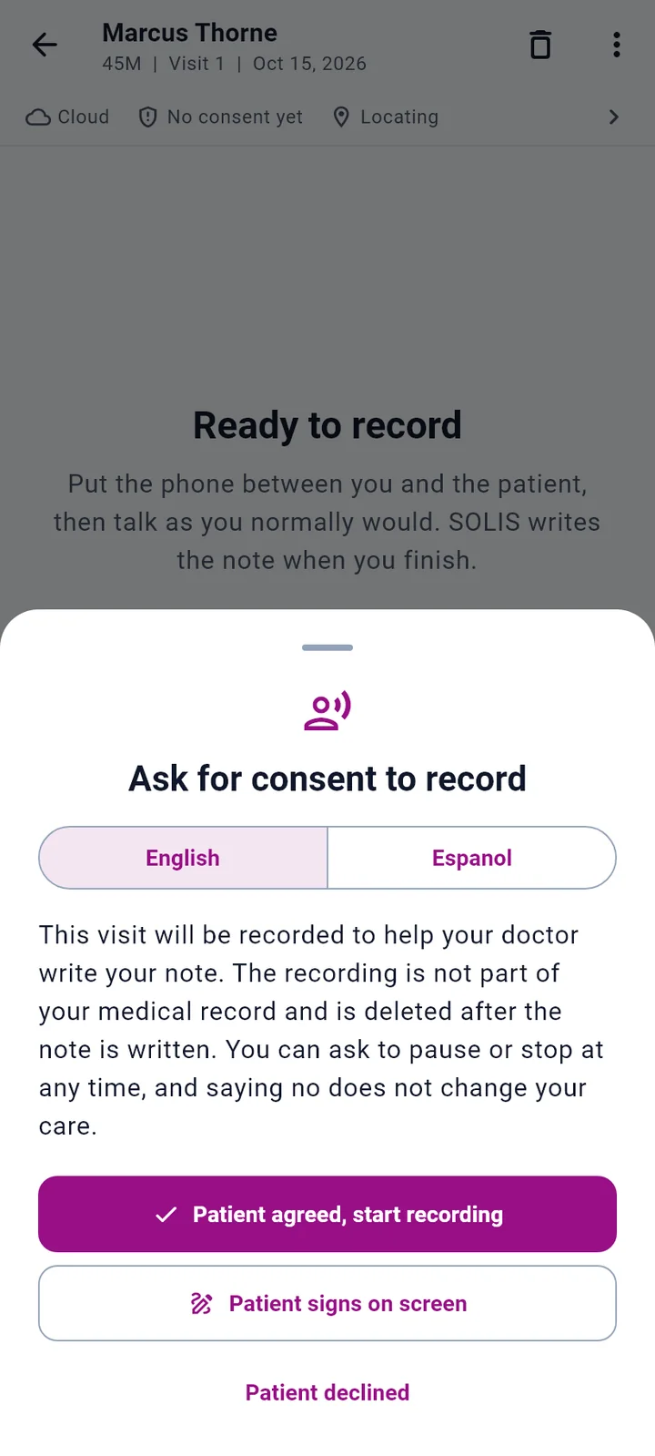 Consent sheet with the English and Spanish script and the agree, sign and decline options
