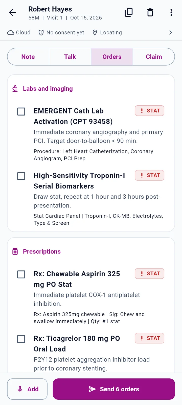 Orders tab with labs and prescriptions, STAT tags, checkboxes and Send 6 orders
