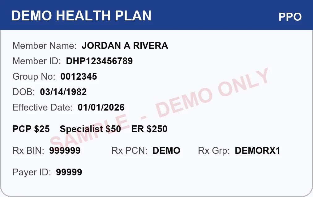 A sample insurance card marked demo only, for the fictional patient Jordan A Rivera